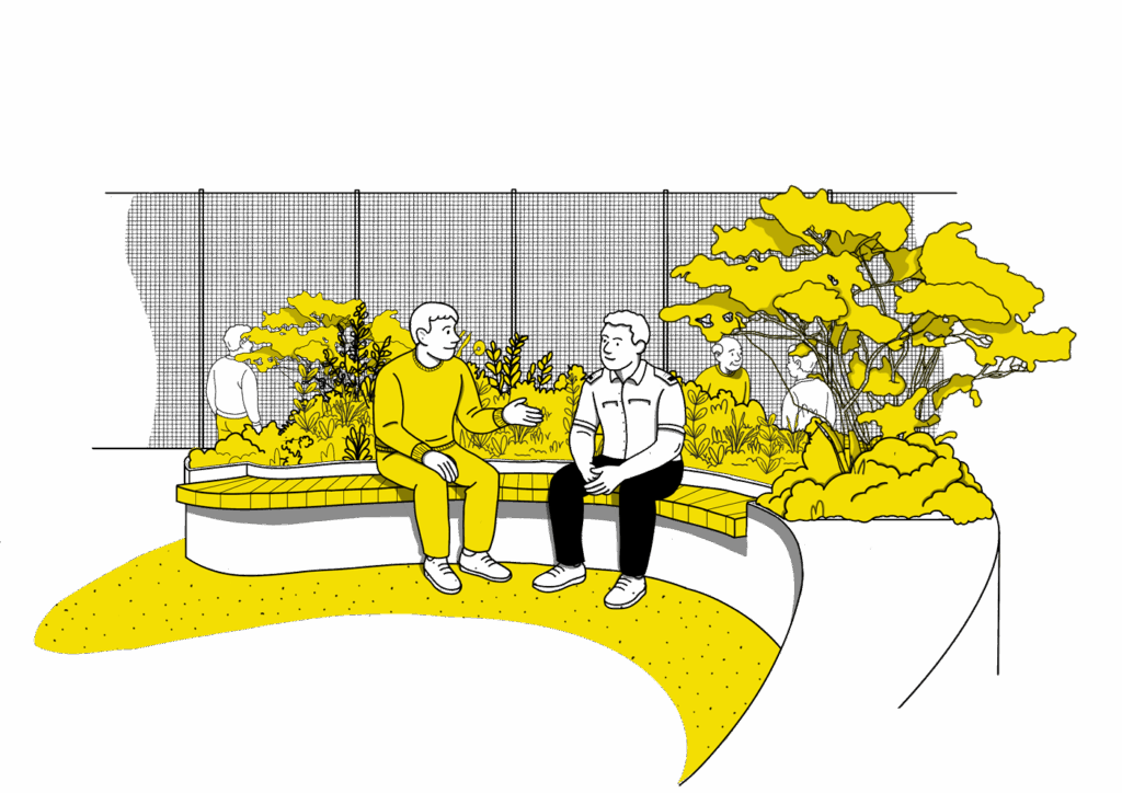 Illustration of two people sat having a conversation with a fence behind them